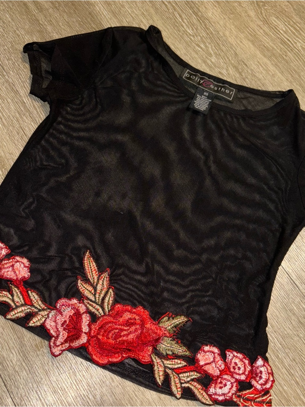 Polly & Esther Black Mesh Crop Top with Red Rose Embroidery